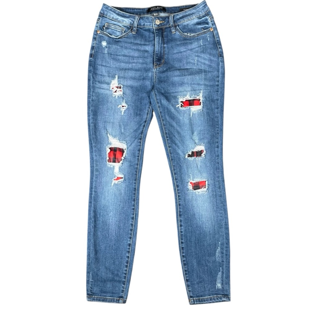 Judy Blue JB88316 Buffalo Plaid Patch Skinny Fit Stretch Jeans Sz 9/29 (29x28)